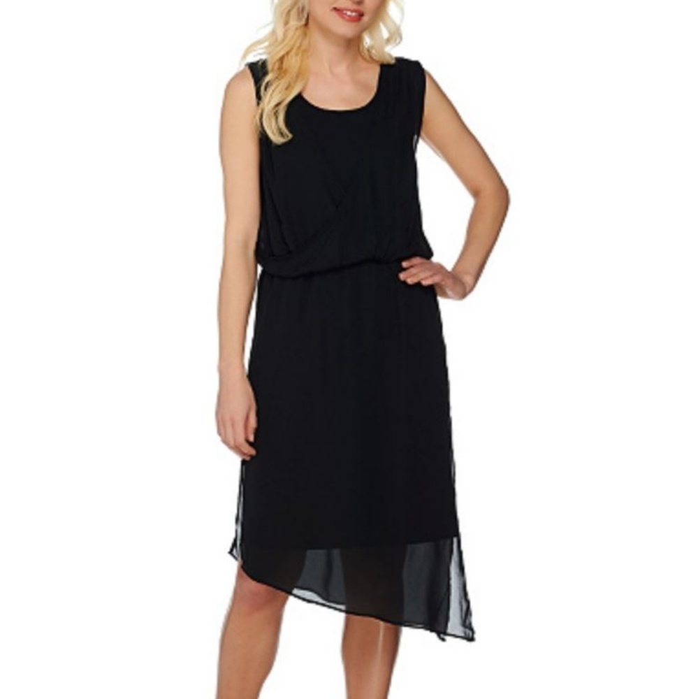 {Halston Heritage} Draped Asymmetrical Little Black Dress